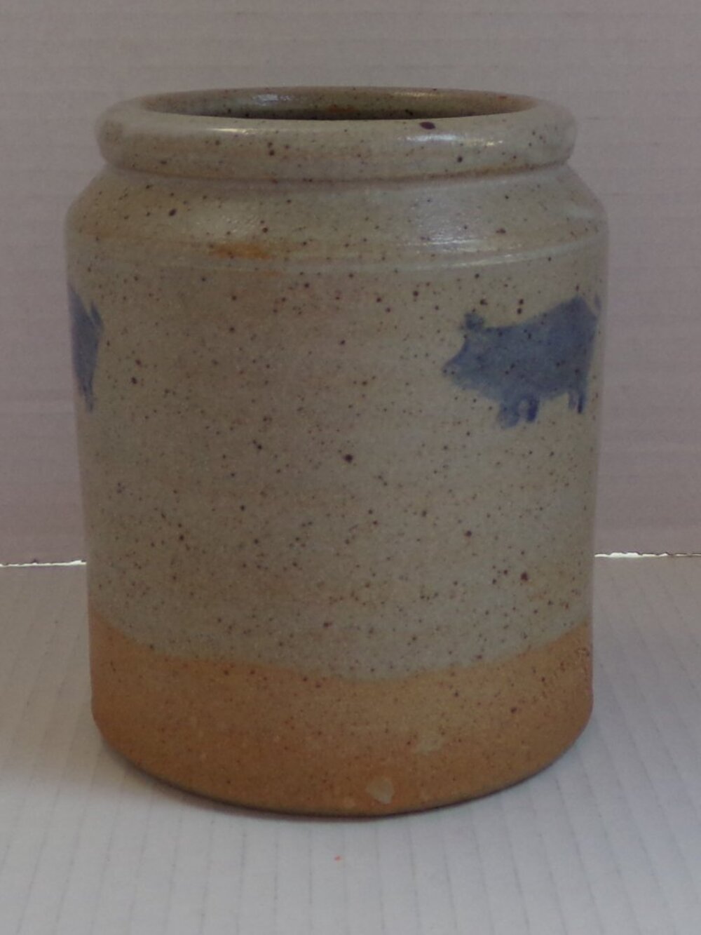 Crock Pig Stoneware Tan Blue Country Farmhouse Primitive Dunroven Potters - Picture 7 of 10